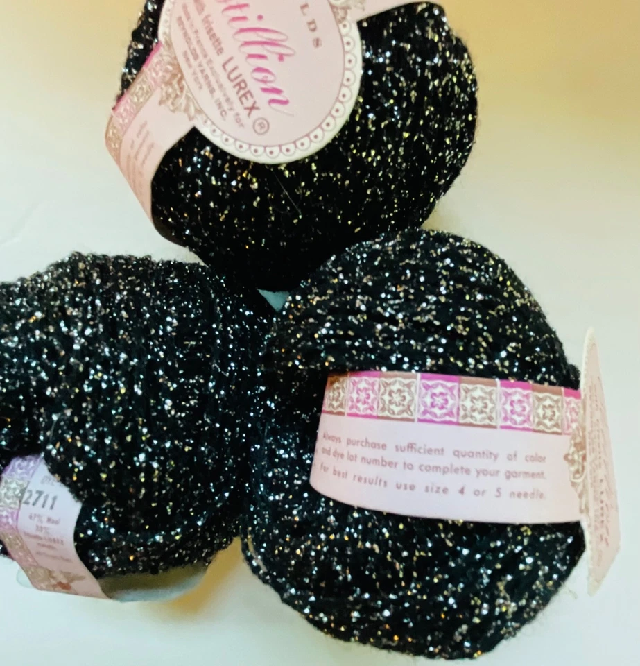 Reynolds Cotillion Frisette Wool/Lurex Yarn Lot of 2 LurexNew Vintage Black/Met - Image 4 of 4