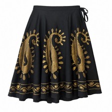 Ashro Paisley Sequin Skirt Womens XL Black Gold Cotton Boho Gypsy Midi Flare