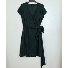 Universal Standard Tracy Linen Wrap Dress in Forest Green Hi Low Tulip Hem