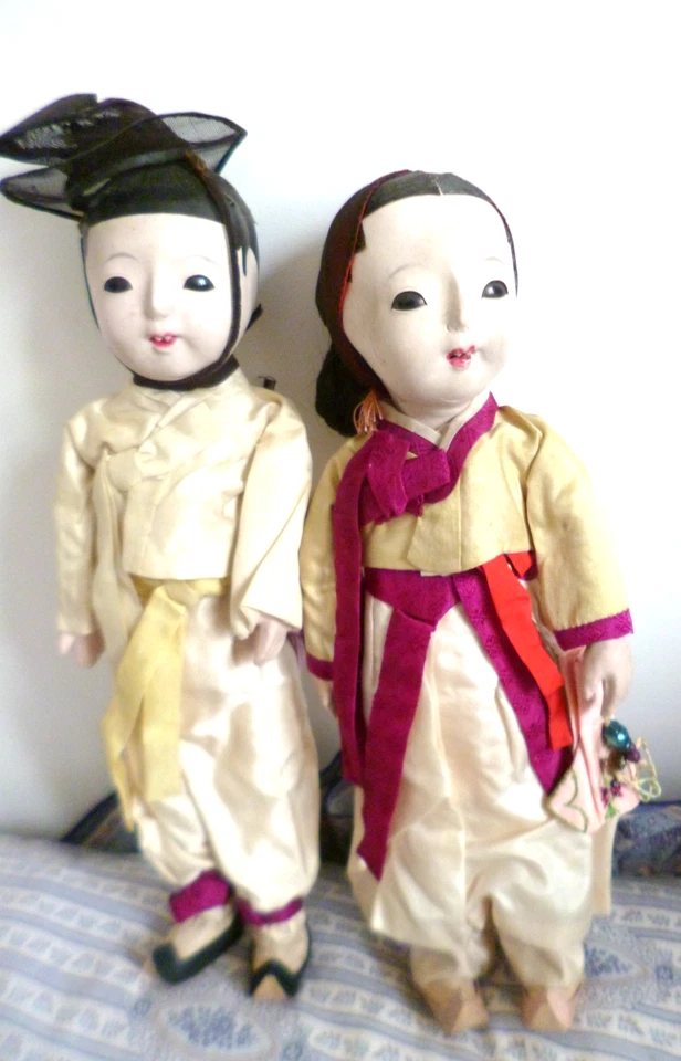 RARE ANCIEN COUPLE  POUPEES CHINOISES /ASIATIQUES avec  POUET  31 cm - Photo 3/4