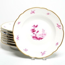 Pillivuyt Mehun France Raspberry Pink Landscape Rimmed Pasta Soup Bowls Set of 8