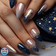 evpct Ombre Blue Press on Nails Medium Almond, Blue Fake Nails with 3D Stars 