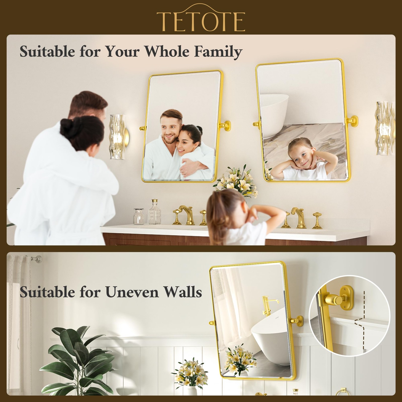 Pivot Mirror for Bathroom 20 x 30 Glossy Gold Tilt Rectangle Metal Framed Van... thumbnail 4