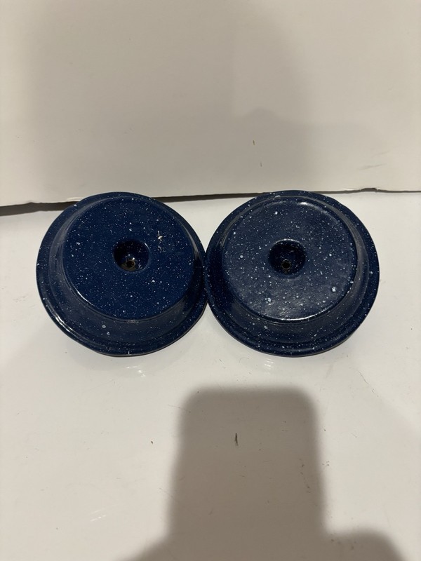 Pair of Original Unbranded Cast Iron Apple Schnitzer  Blue Speckled Enamel NICE!
