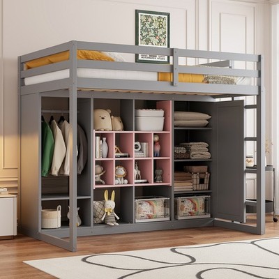 Twin Size Loft Bed Frame with Wardrobe, shelves and Cabinet, Modern Platform Bed