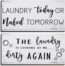 2 Pieces Laundry Room Decor Sign Rustic Farmhouse Bathroom Wall Decor Funny Laun