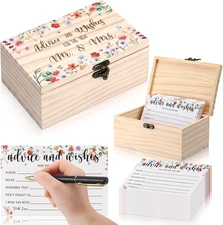 60 Pcs Wildflower Wooden Advice & Wishes Cards Box for Bridal Shower Favors