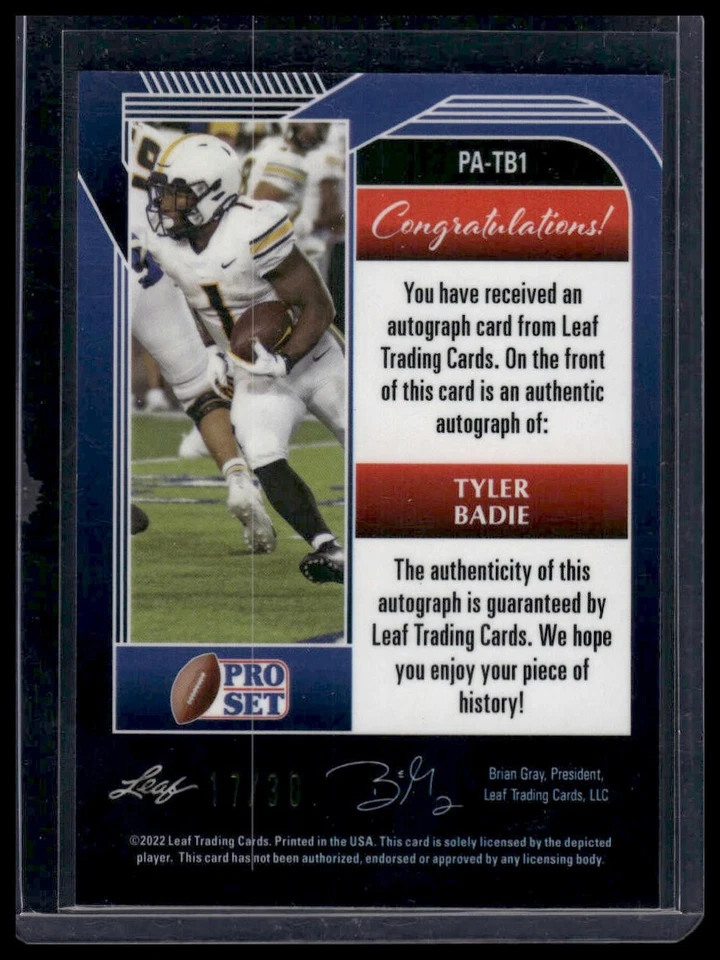 2022 Pro Set Metal #PA-TB1 Tyler Badie Wave Blue #/30 - Image 2 of 2