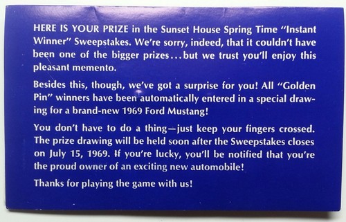 ""Pin de pluma dorada"" ganador instantáneo de 1969 Sunset House ""Sorteo"" - Imagen 2 de 4