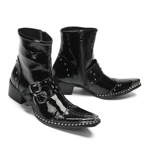 Men' S Black Leather Western Boots Motorcycle Boot Punk Rock Riveting Metal Toe - Bild 7 von 9