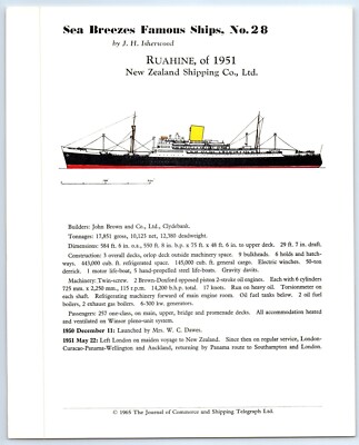 RUAHINE (1951) Sea Breezes Famous Ships No. 28 History Data Sheet 1963