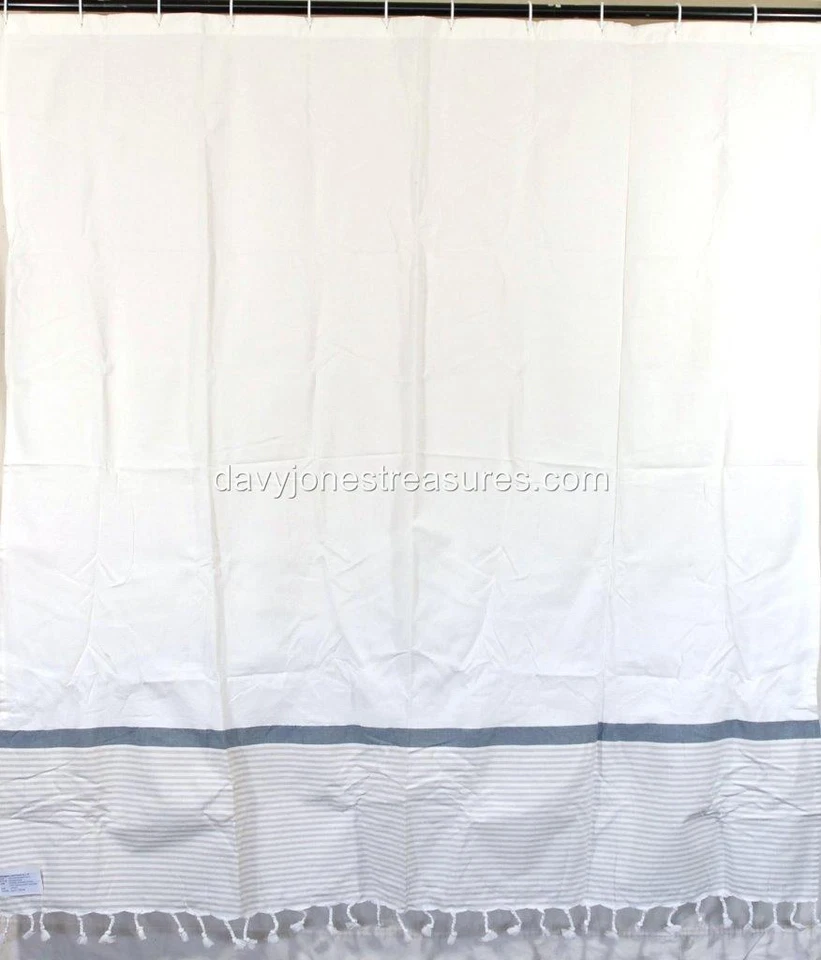 Cortina de ducha de baño náutico YACHT CLUB azul denim con rayas tostadas y flecos de cuerda Foto 2 de 4