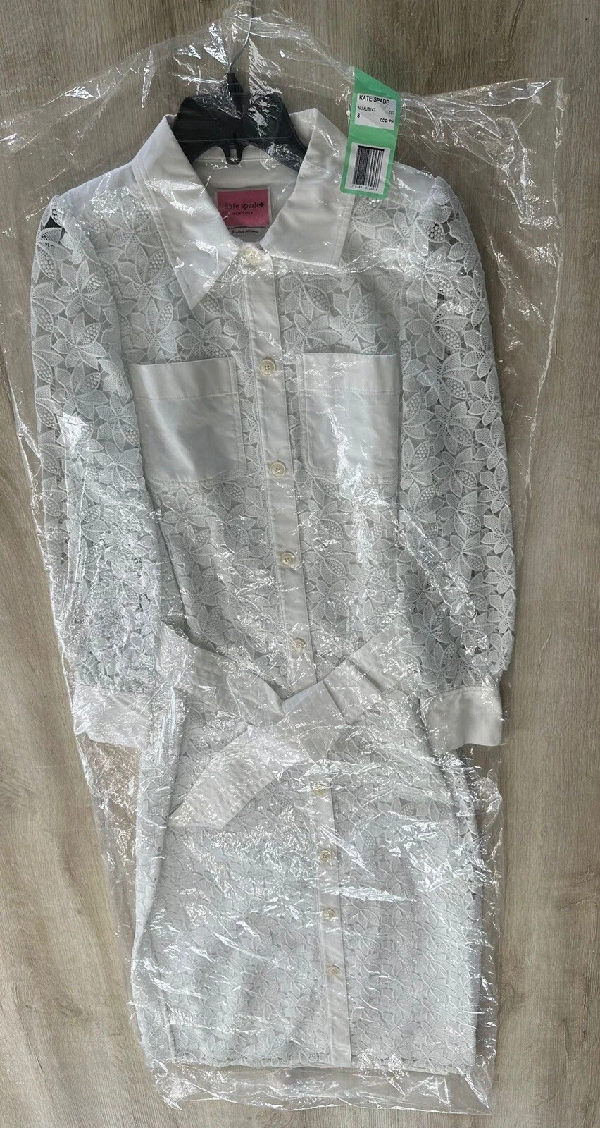 Abito donna Kate Spade bianco 6 occhielli floreali svasato manica lunga cintura colletto