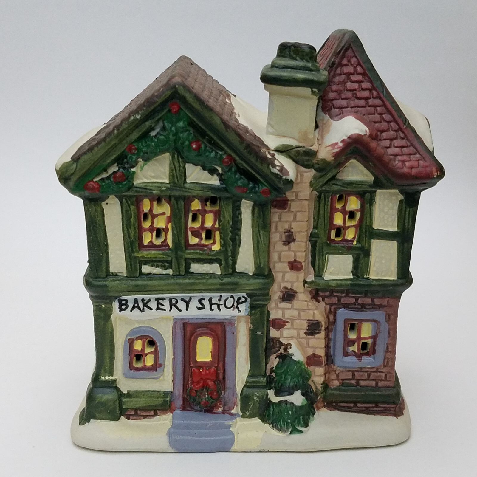 Holiday Time Two Store Bakery Shop Porcelain Mini House Christmas 92121B U4 4"H