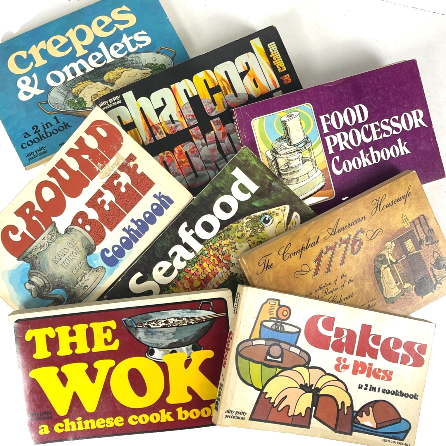 1970s Nitty Gritty Cookbook Lot - Pies Seafood Wok Cakes Beef Vintage Housewife Recipes