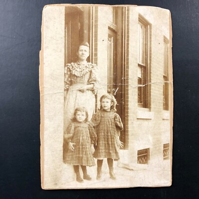 RARE Antique Real Photograph Cabinet Card Mother Kids Terrace Row Town House  