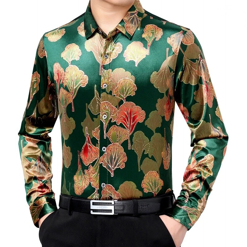 Men Velvet Floral Blouse Shirt Tops Casual Printed Leaves Long Sleeve - Image 4 of 4