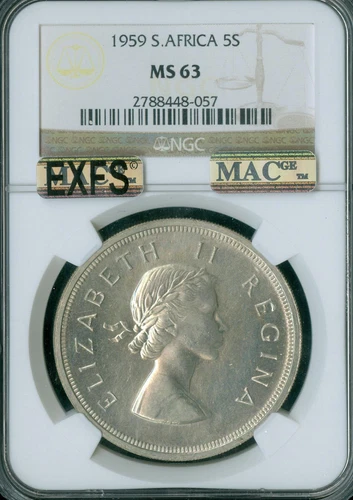 1959 SOUTH AFRICA 5 SHILLING NGC MS63 MAC EXFS VERY RARE  2989 MINTED *