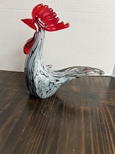 8 " BLACK  GRAY MURANO STYLE ART HAND BLOWN GLASS ROOSTER FIGURINE