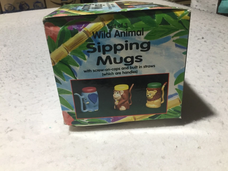VTG Set of 3 Wild Animal Sipping Mugs Childs Sippy Cup Elephant Lion Monkey - Image 4 of 4