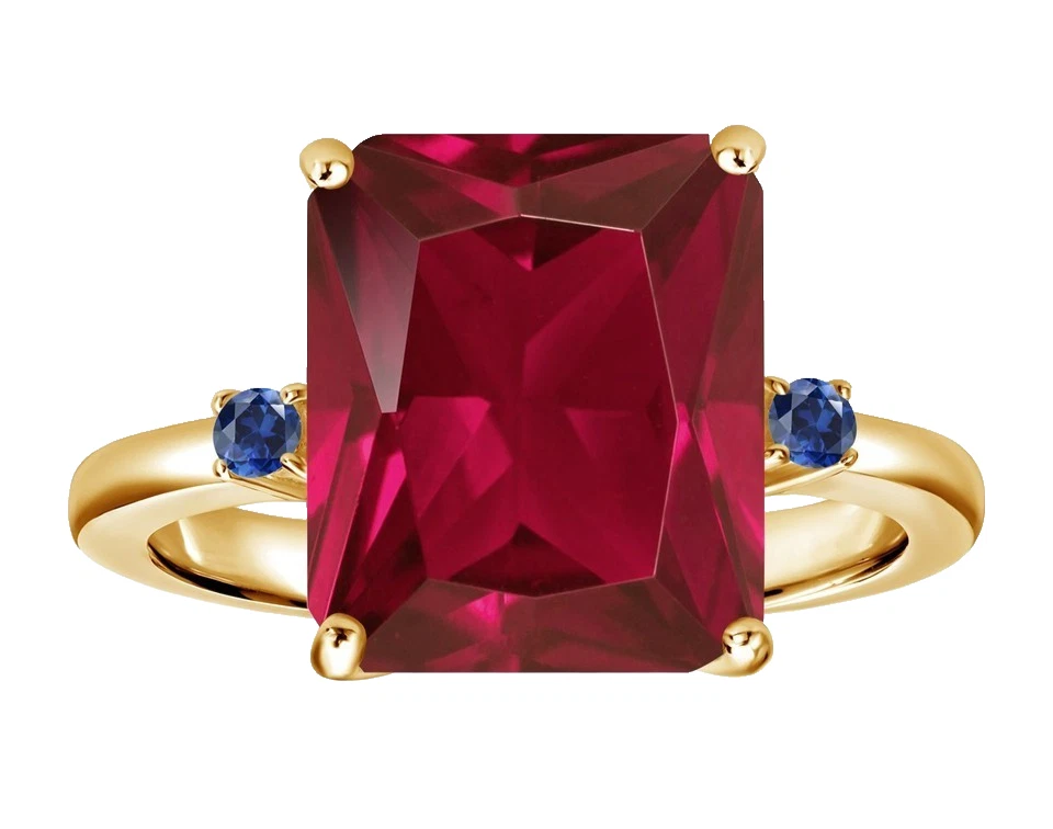 925 Silver Yellow Gold Plated Created Red Ruby and Blue Sapphire Cocktail Ring - Image 3 of 4