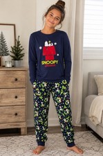 Peanuts Snoopy Season Christmas Pajama Set Boys L 12-14 Holiday PJ Navy