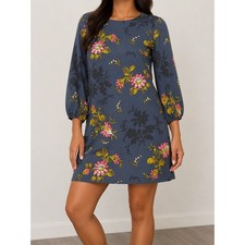 Ann Taylor Floral Shift Dress Blue Pink 3/4 Puff Sleeve Size 2
