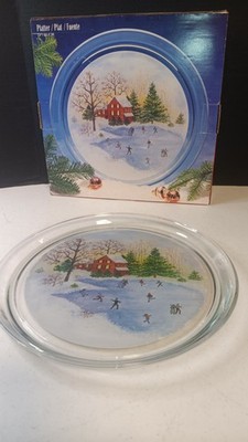 Vintage Indiana Glass Lancaster 13 clear glass winter scene skating kids on pond
