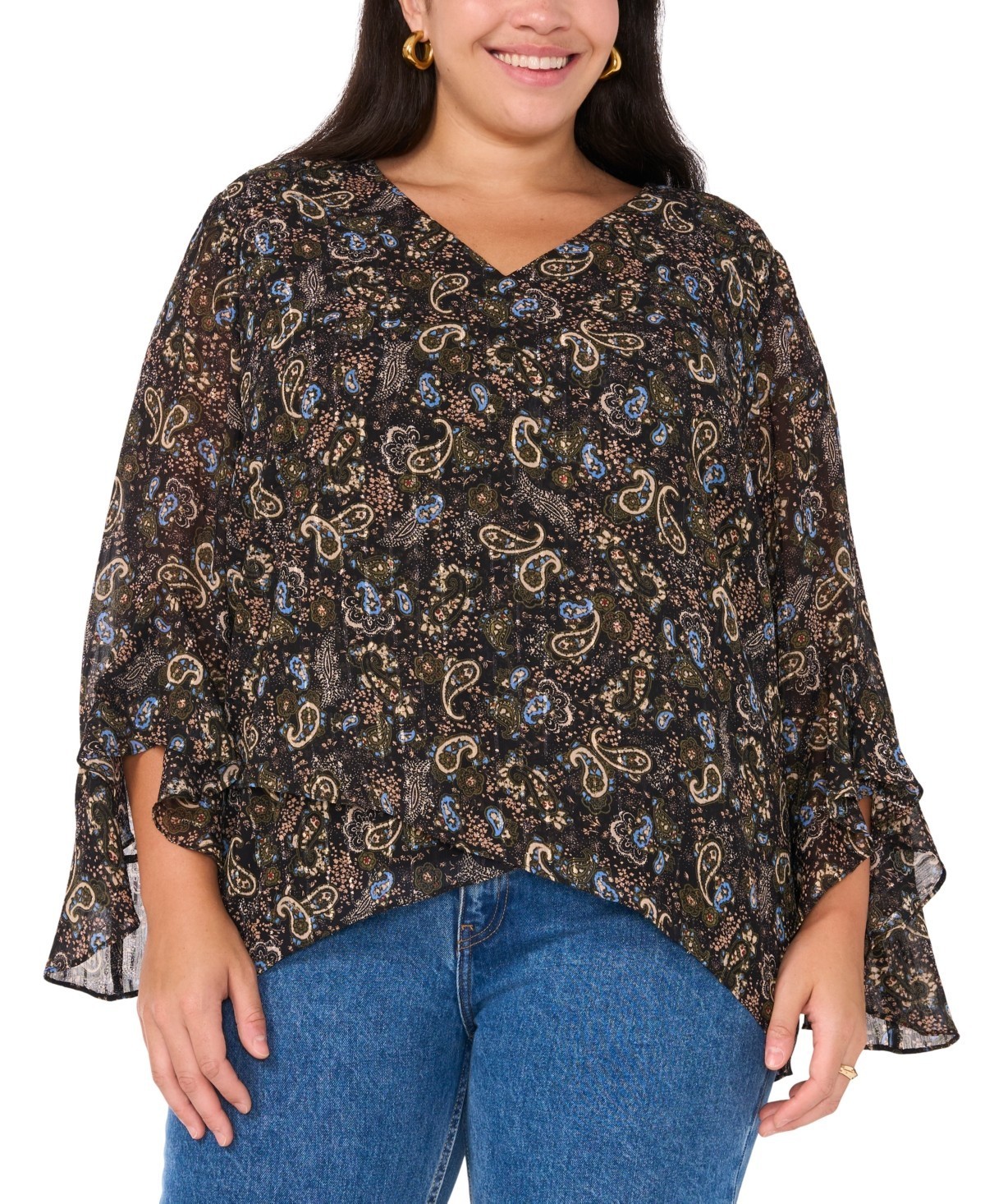 Vince Camuto Paisley V-Neck 3/4-Flutter-Sleeve Blouse Black Plus Size 2X MSRP$99
