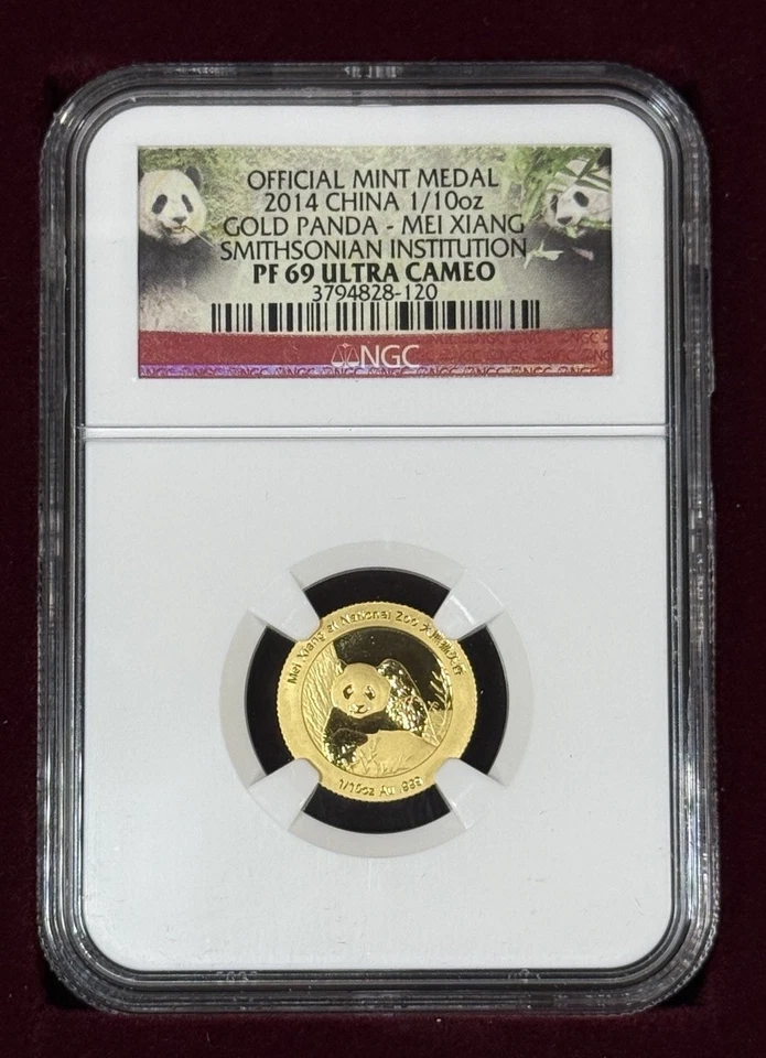 2014 China 1/10 oz .999 Fine Gold Panda Smithsonian MEI XIANG NGC PF69 UC Box NR - Image 2 of 4