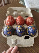 Paper Mache Easter Eggs Handmade Hand Painted Floral Gold Trim Set Of 6