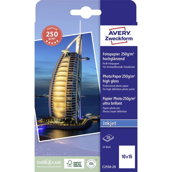 Avery-Zweckform Premium C2550-20 Fotopapier 10 X 15 Cm 250 G/M² 20 Blatt Hoch...-image