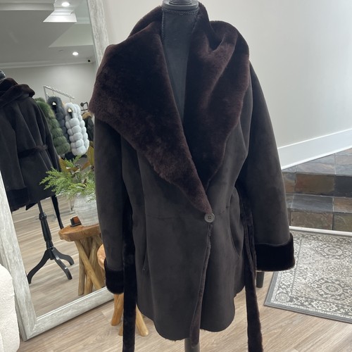 Alen Cooper Merino Lamm Wildleder Lammfell für Jacke Kapuze mit Gürtel schokobraun - Bild 8 von 13