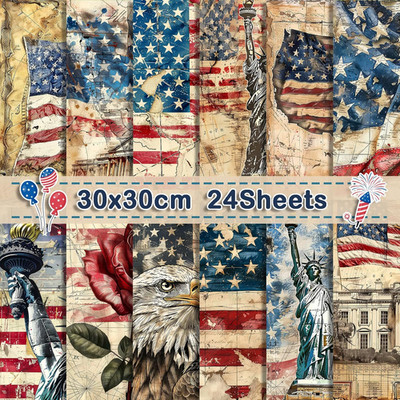 24 Sheets Retro Patriotic Scrapbook Paper, 11.8X11.8'' Red Blue Stars Stripes Pa