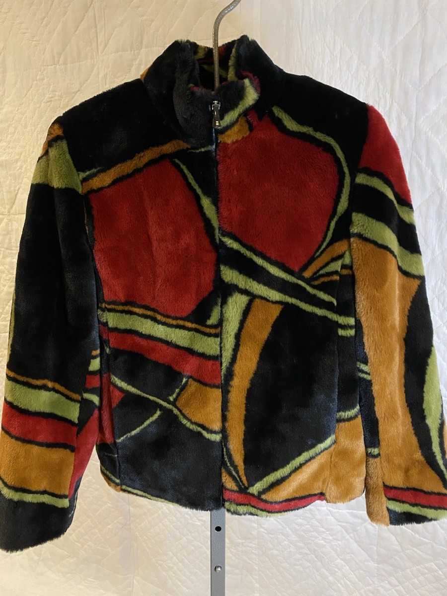 Kristen Blake women's faux fur coat multi colored geometric size S