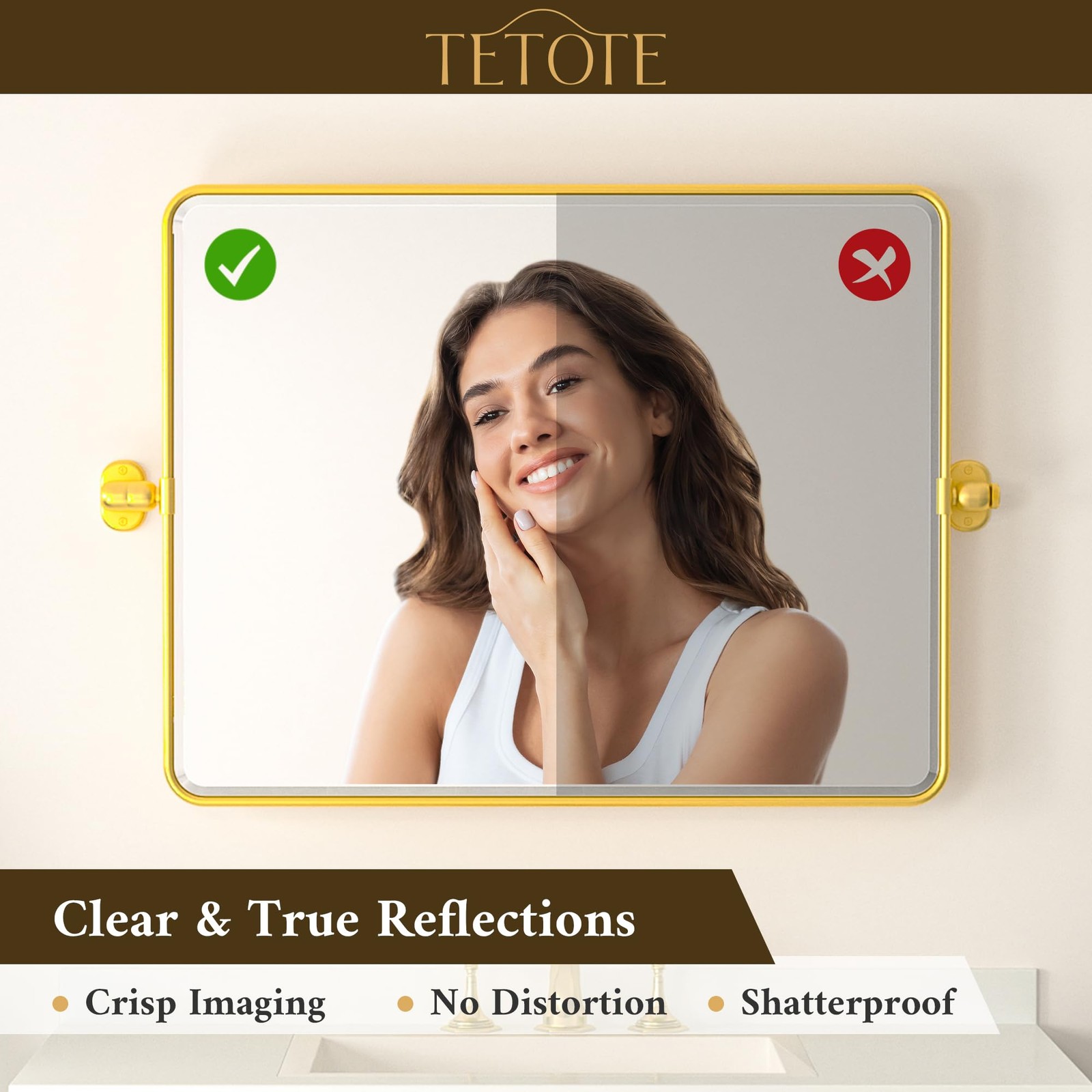 Pivot Mirror for Bathroom 20 x 30 Glossy Gold Tilt Rectangle Metal Framed Van... thumbnail 5