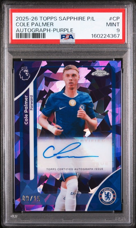 4367 Cole Palmer 2026 Topps Chrome Sapphire EPL Purple Refractor Auto /15 PSA 9