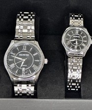 Vintage Calvin Hill Quartz Silver Band Black Dial His & Her Watch Set New in box