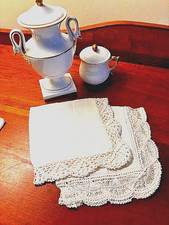 Vintage White and Off White Wedding Handkerchiefs- Tatting and Broom Lace Edge