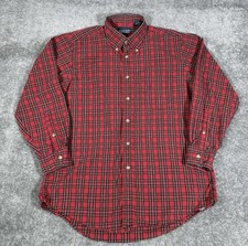 Vintage Lands' End Shirt Men's 16/32 Red Tartan Long Sleeve Button Up USA Made