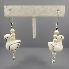 Ceramic Swan Duck Earrings White Black Faux Pearl Silvertone 2.5" Total Length