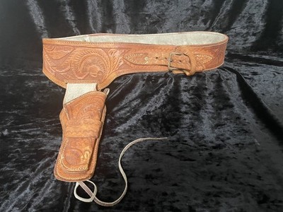 Vintage Tooled Leather Gun Belt And Holster Western Cowboy Style