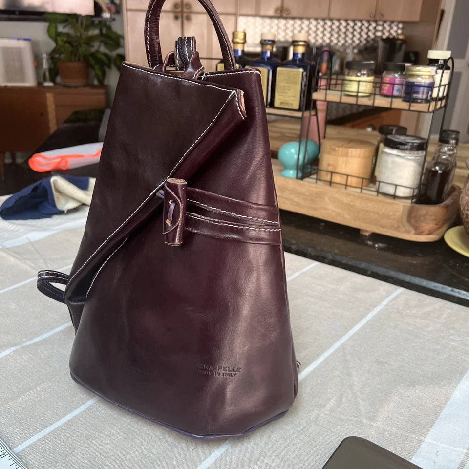 Vera Pelle итальянский кожаный баклажан рюкзак трансформируемый холст интерьер - Изображение 2 из 4