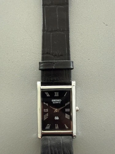 Vintage Seiko Tank Wrist Watch Refurbished Black Dial Silver Bezel Black Strap