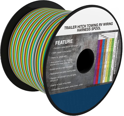 100FT 4-Way Trailer 100ft 4Wire 4 Color-Coded, White/Brown/Yellow/Green