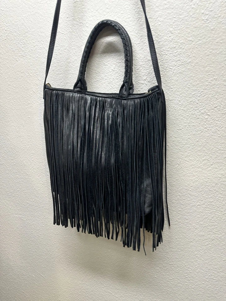 Lucky Brand Cowhide Leather Black Fringe Purse Shoulder Bag Boho Western - Image 3 of 4