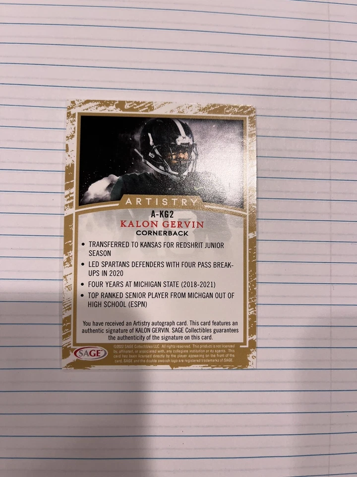 2022 SAGE Artistry autograph RC Kalon Gervin Michigan State Spartans - Image 2 of 2