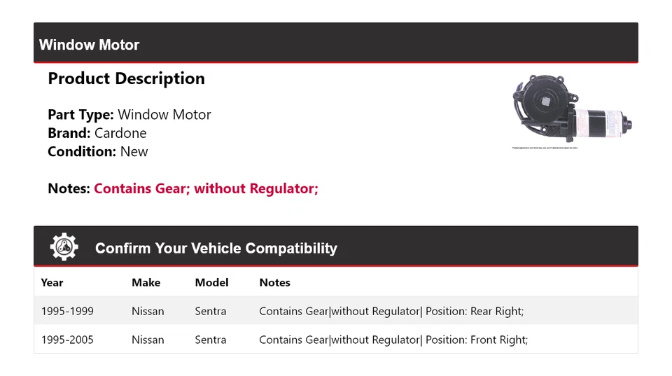 Para Nissan Sentra 1995-2005 Ventana Motor Cardone 1996 1997 1998 1999 2000 2001 Foto 2 de 4