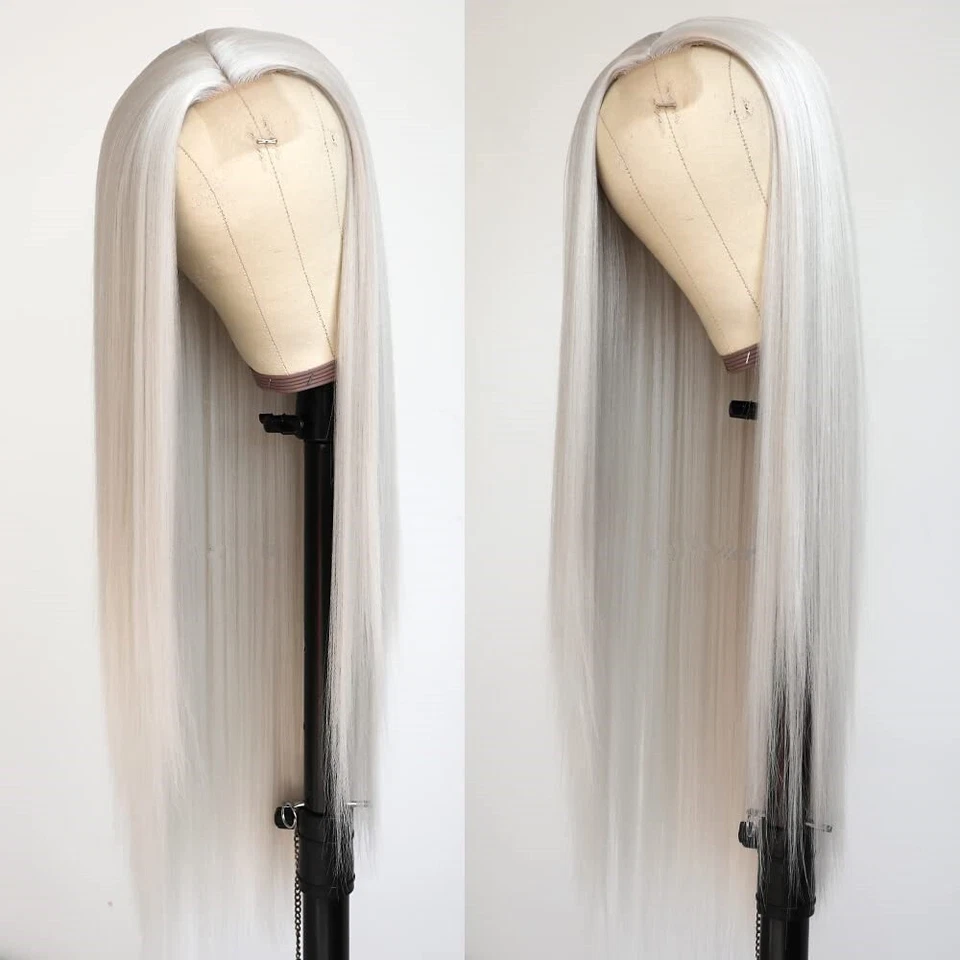 Women Long Lace Front Wigs Straight White Wig Synthetic Hair Heat Resistant Soft - Image 2 of 4