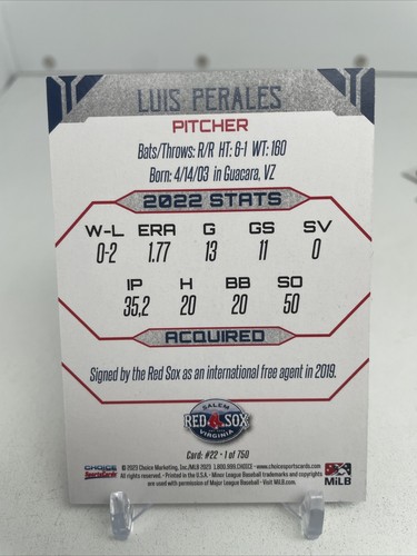 2023 Choice, Salem Red Sox LUIS PERALES Boston Red Sox Signed 750 Made - Picture 2 of 5